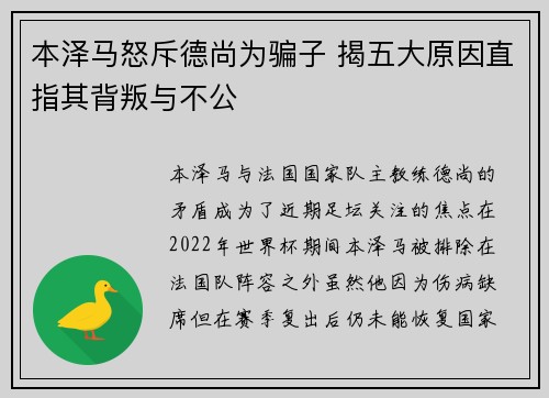 本泽马怒斥德尚为骗子 揭五大原因直指其背叛与不公