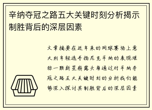 辛纳夺冠之路五大关键时刻分析揭示制胜背后的深层因素